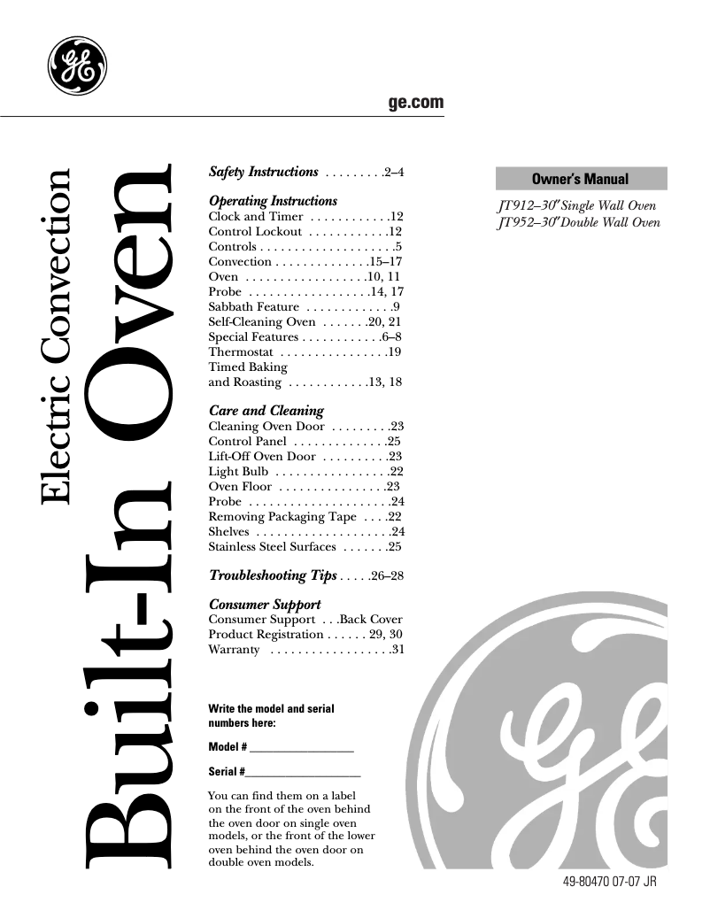 Page 1 of the manual User Manual GE JT912WFWW