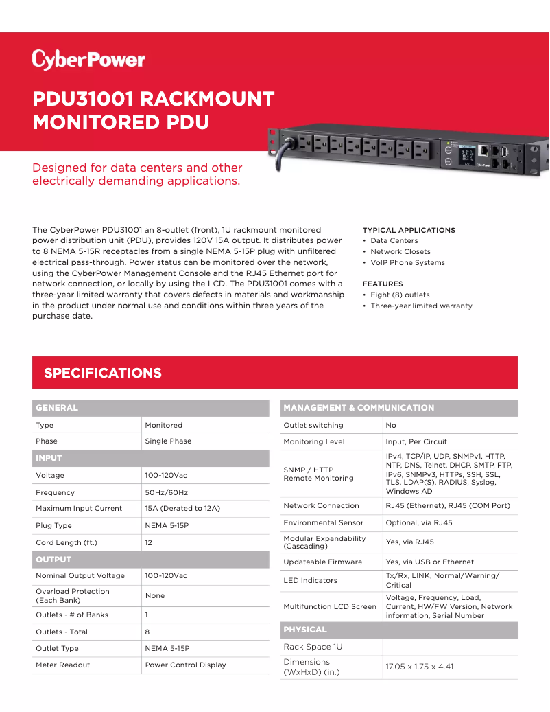 Page n°1 - Fiche technique CyberPower PDU31001