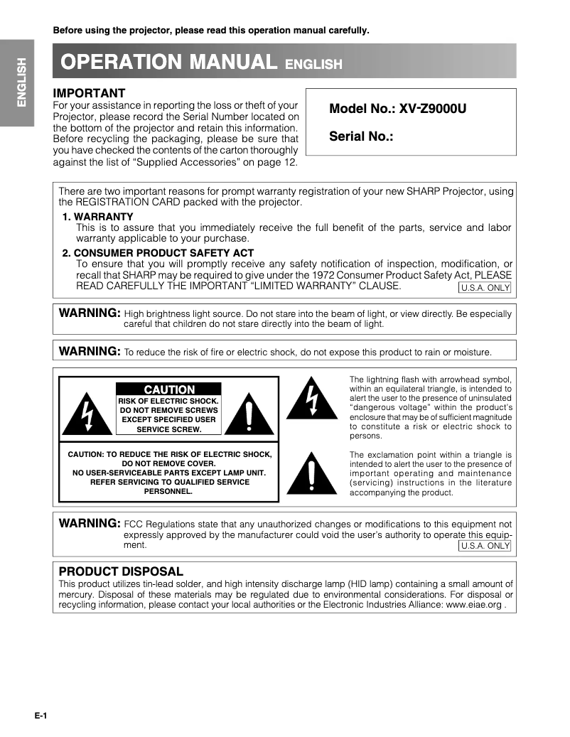 Page n°1 - Manuel utilisateur Sharp XV-Z9000U