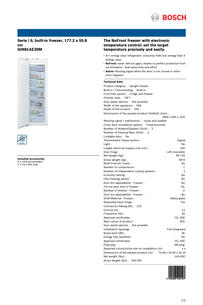 Page 1 of the manual Technical Sheet Bosch GIN81AE30M