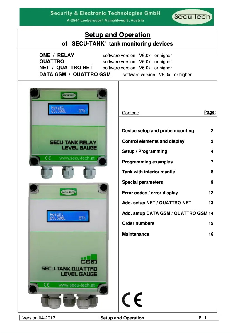 Page n°1 - Manuel utilisateur SecuTech SECU-TANK Relay