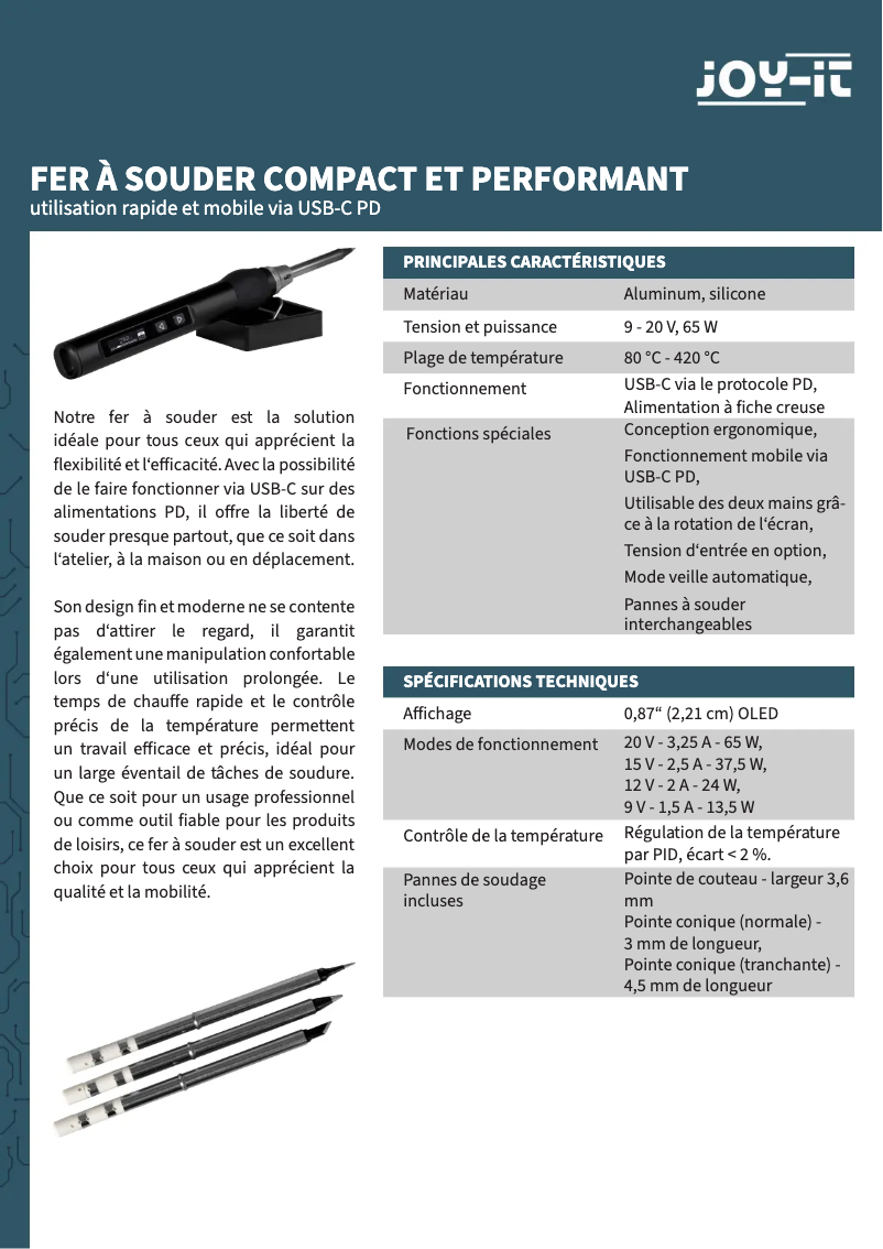 Page 1 de la notice Fiche technique Joy-It JT-SI01