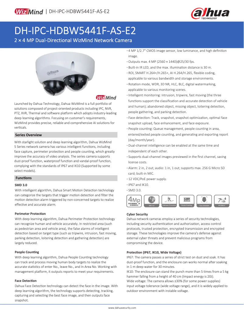 Page 1 de la notice Fiche technique Dahua Technology IPC-HDBW5441F-AS-E2