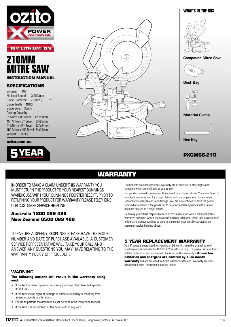 Page 1 de la notice Manuel utilisateur Ozito PXCMSS-210