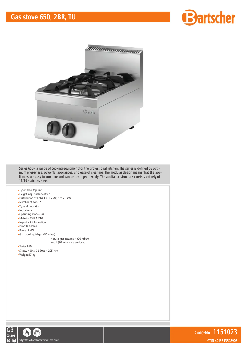Page 1 de la notice Fiche technique Bartscher 1151023