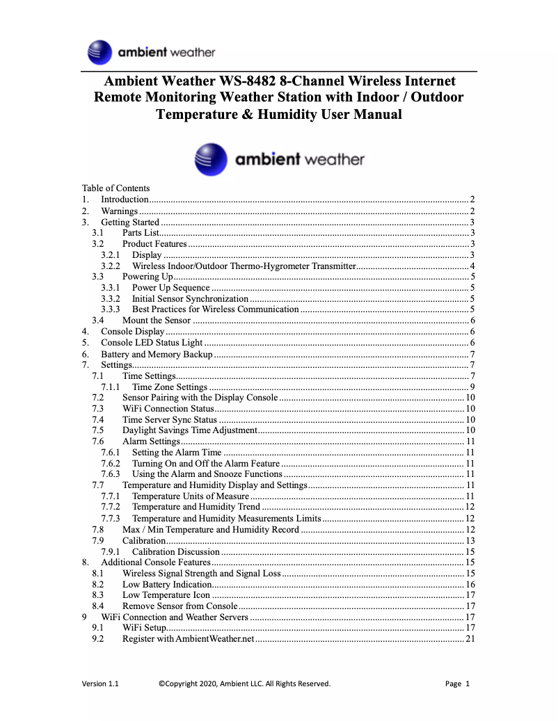 Page n°1 - Manuel utilisateur Ambient Weather WS-8482