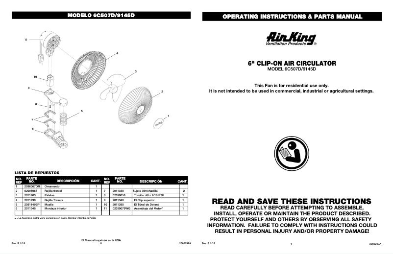 Page 1 de la notice Manuel utilisateur Air King 9145
