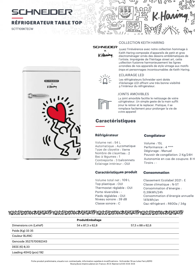 Page 1 de la notice Fiche technique Schneider SCTT109KTECW