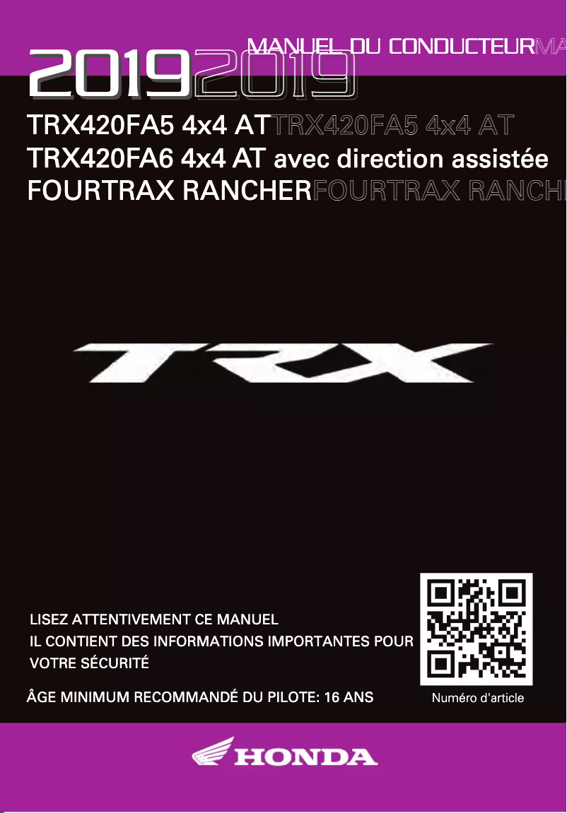 Page 1 de la notice Manuel utilisateur Honda FourTrax Rancher TRX420FA (2019)