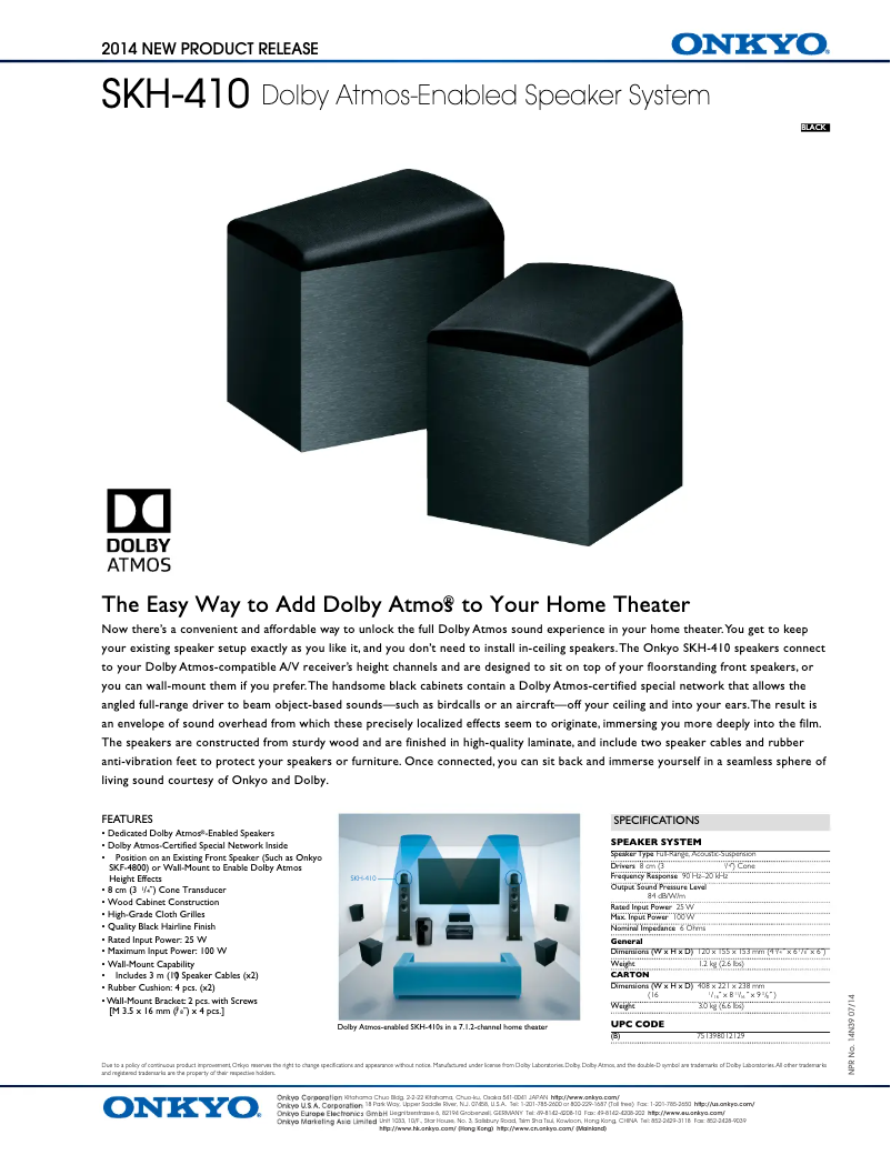 Page 1 de la notice Fiche technique Onkyo SKH-410