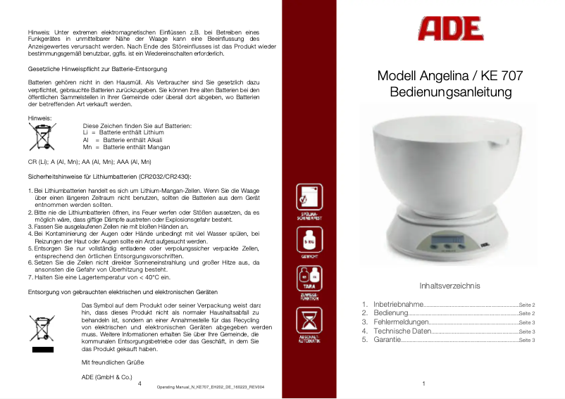 Page 1 de la notice Manuel utilisateur ADE Angelina KE 707