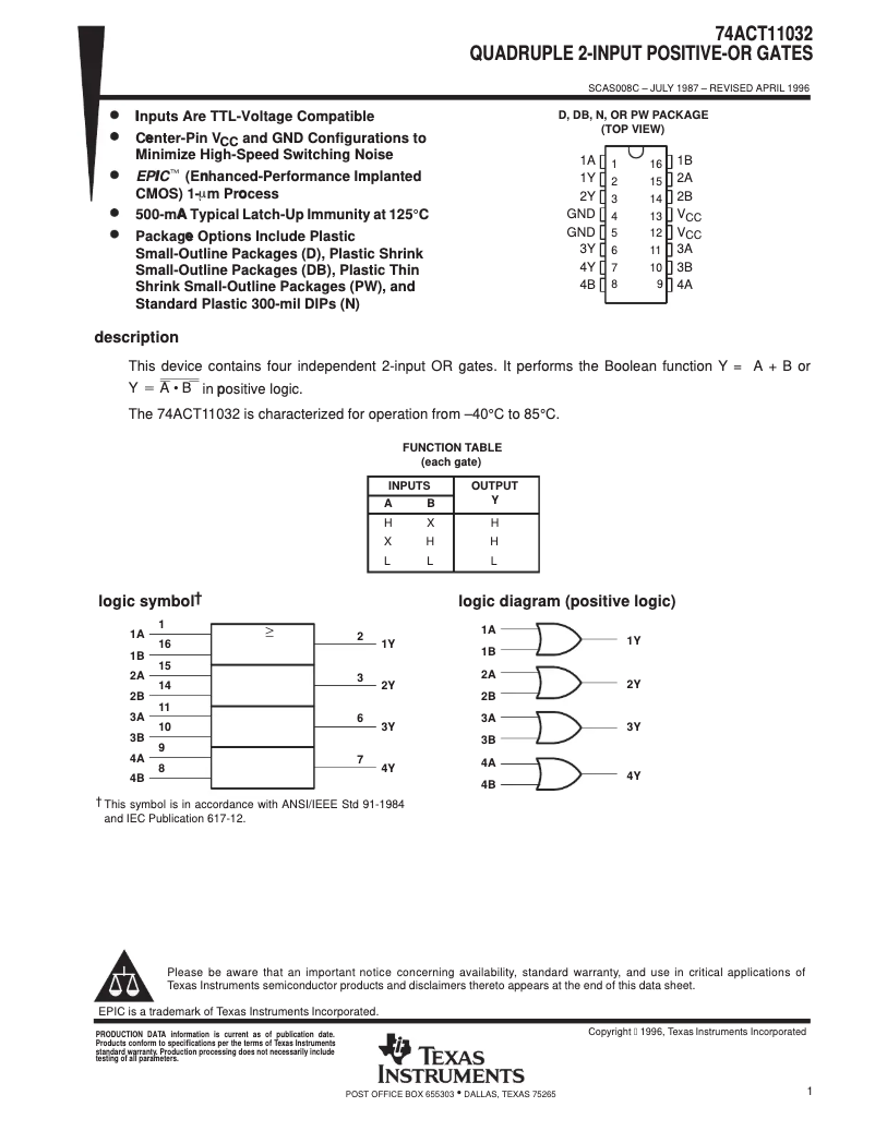 Page 1 de la notice Manuel utilisateur Texas Instruments 74ACT11032N
