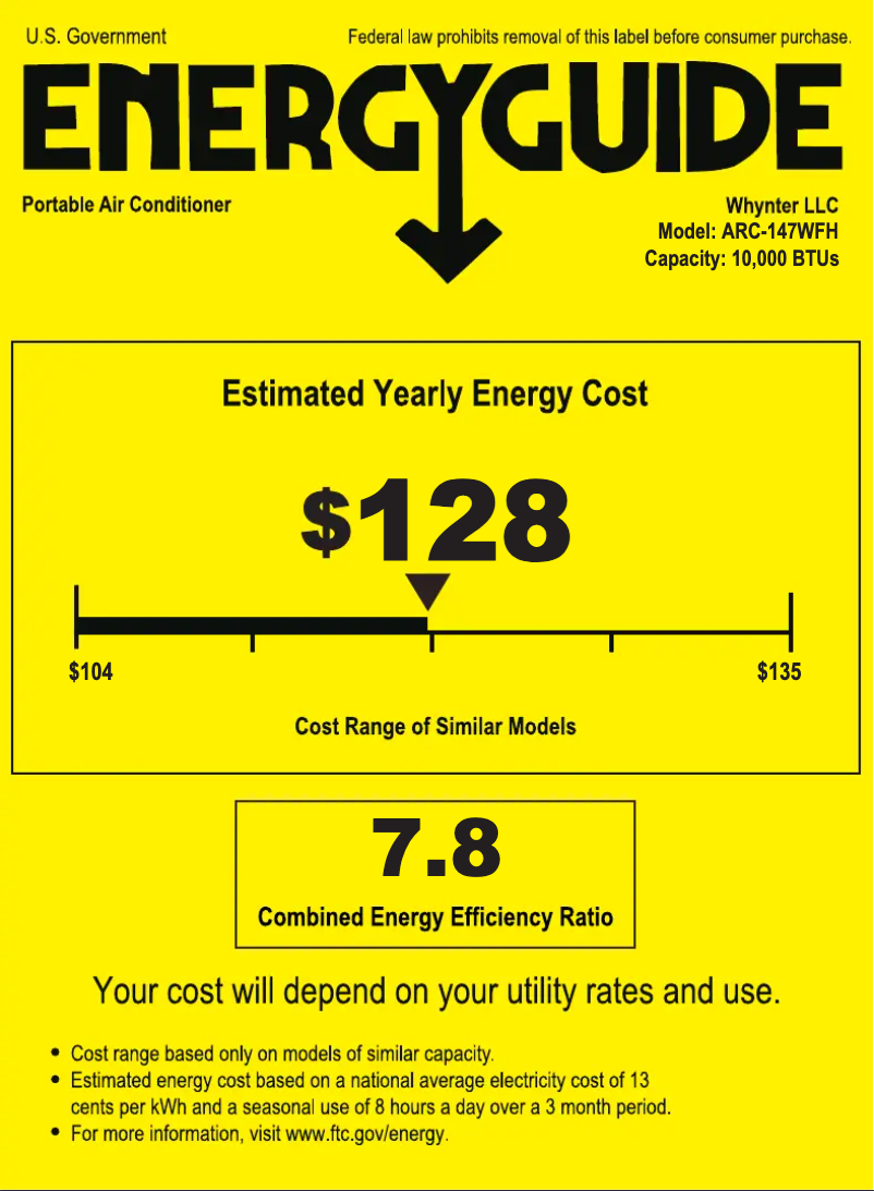 Page 1 de la notice Label énergétique Whynter ARC-147WFH