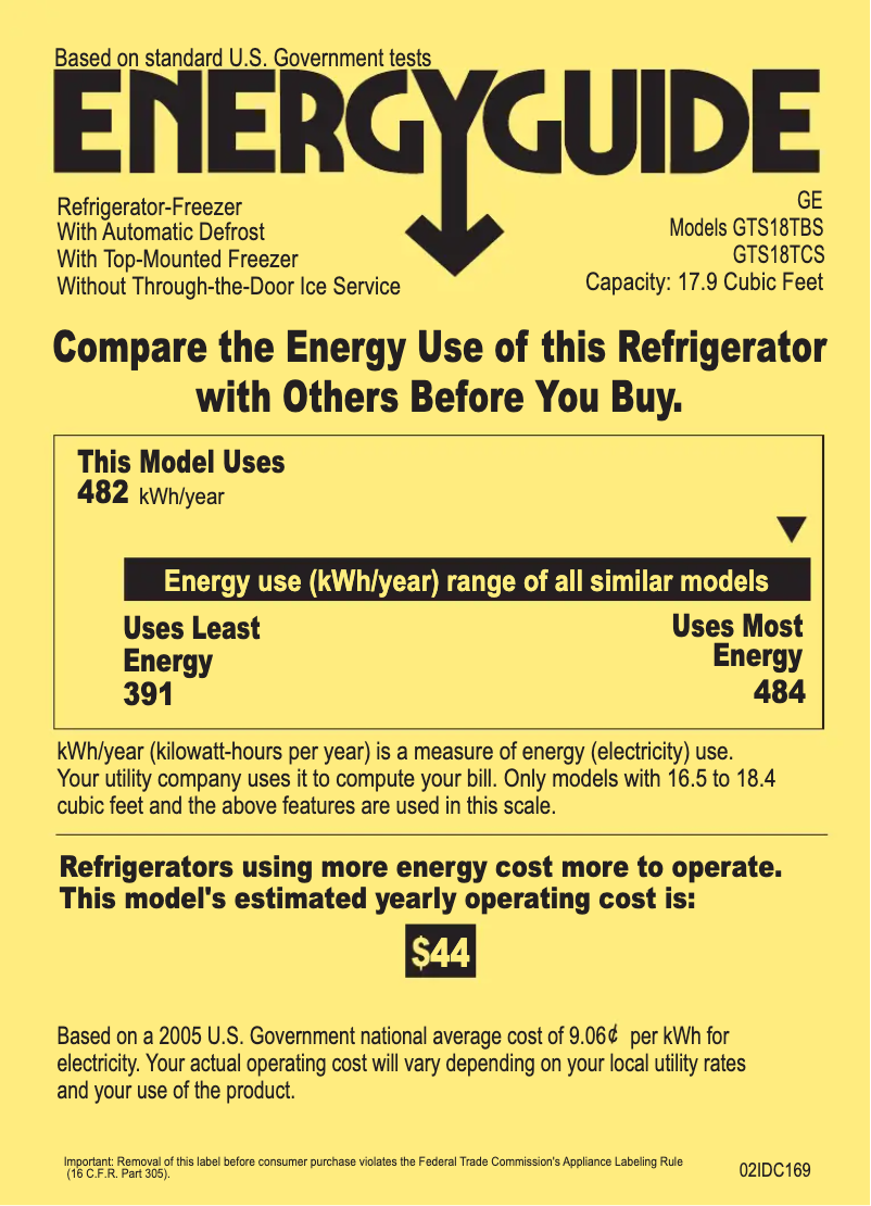 Page 1 de la notice Label énergétique GE GTS18TCSCC