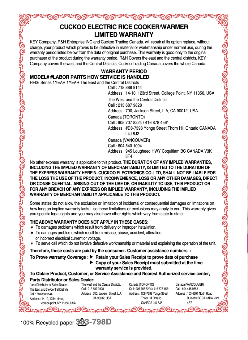 Page 1 de la notice Manuel utilisateur Cuckoo CRP-HF0610F