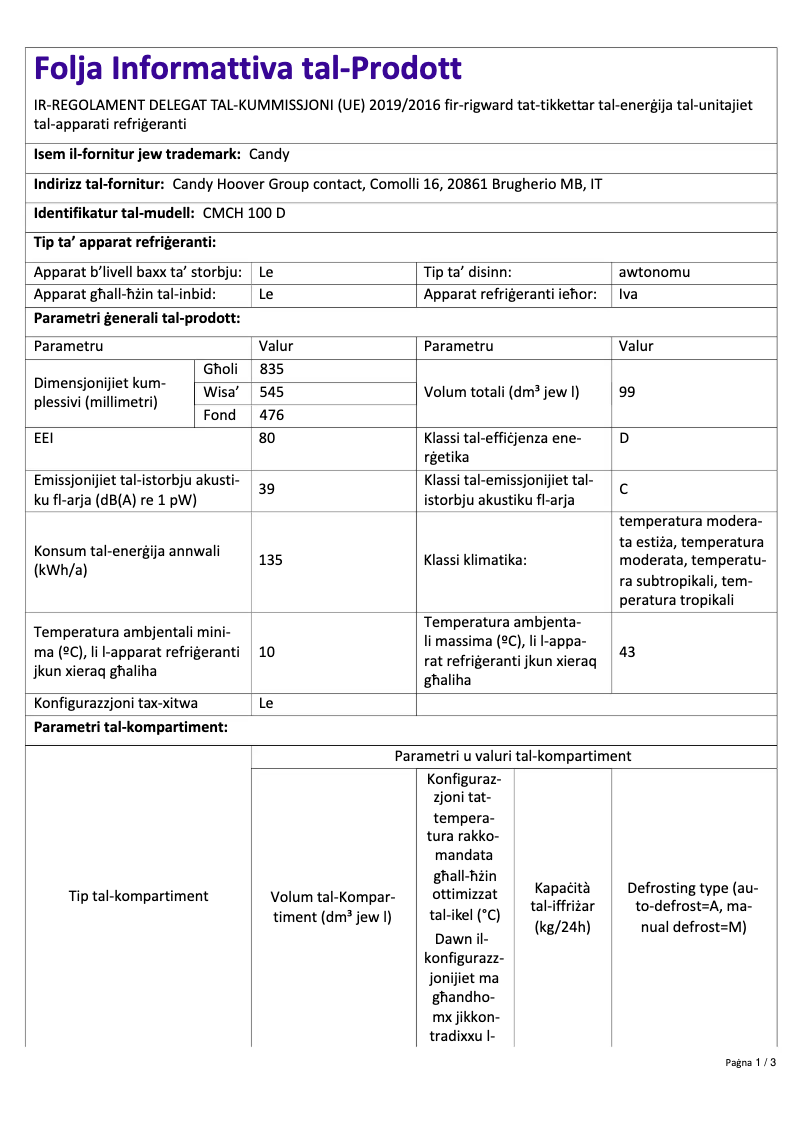 Image de la première page du manuel de l'appareil CMCH 100 D