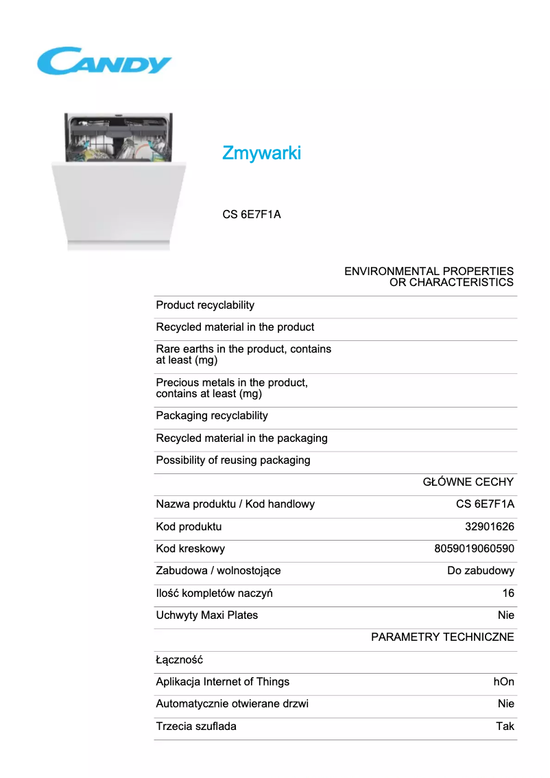 Page 1 de la notice Fiche technique Candy CS 6E7F1A
