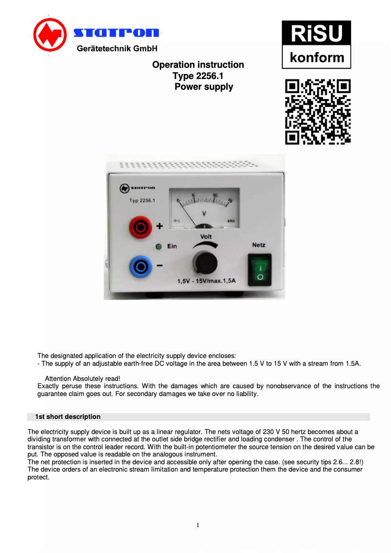 Page 1 de la notice Manuel utilisateur Statron 2256.1