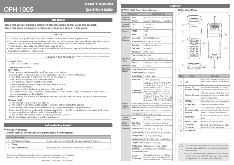 Page n°1 - Manuel utilisateur Opticon OPH1005