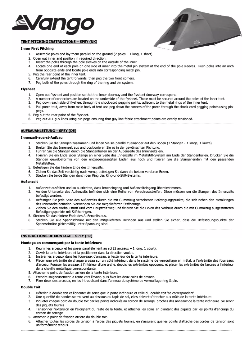 Page 1 de la notice Manuel utilisateur Vango Spey 400