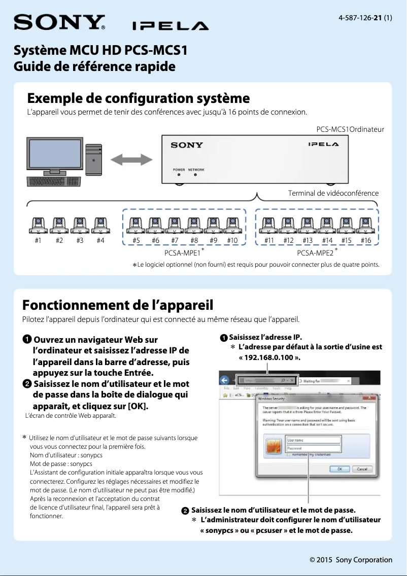 Page 1 de la notice Manuel utilisateur Sony PCS-MCS1