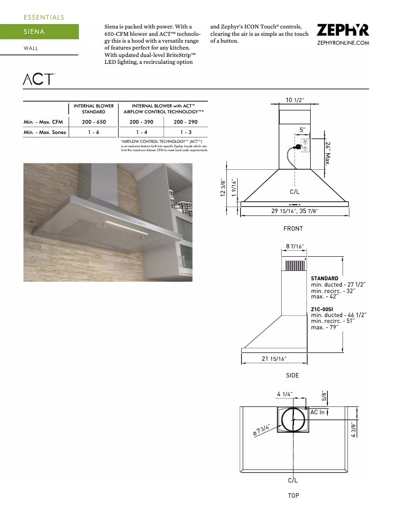 Page 1 de la notice Fiche technique Zephyr ZSIE30BS
