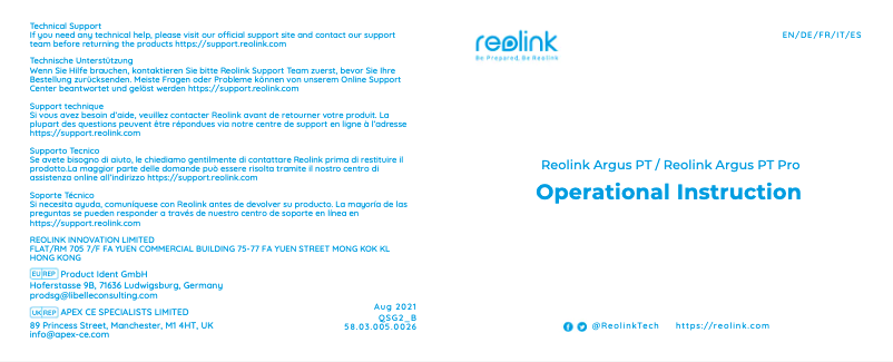 Page 1 de la notice Manuel utilisateur Reolink Argus PT 2K