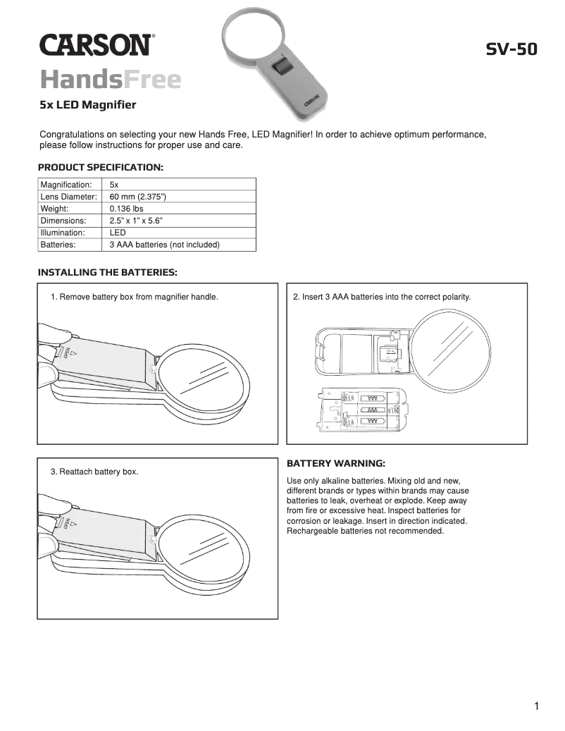 Page 1 de la notice Manuel utilisateur Carson SV-50