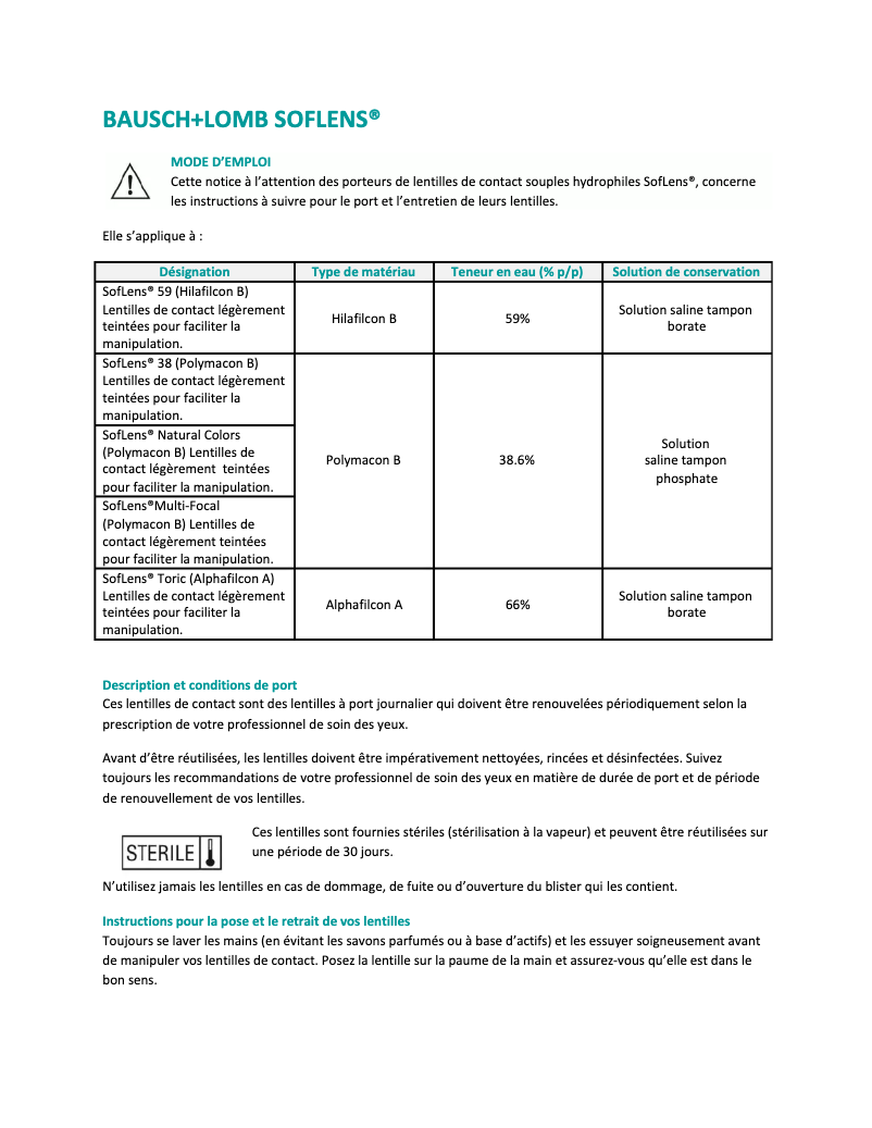 Page 1 de la notice Manuel utilisateur Bausch & Lomb SofLens Natural Colors