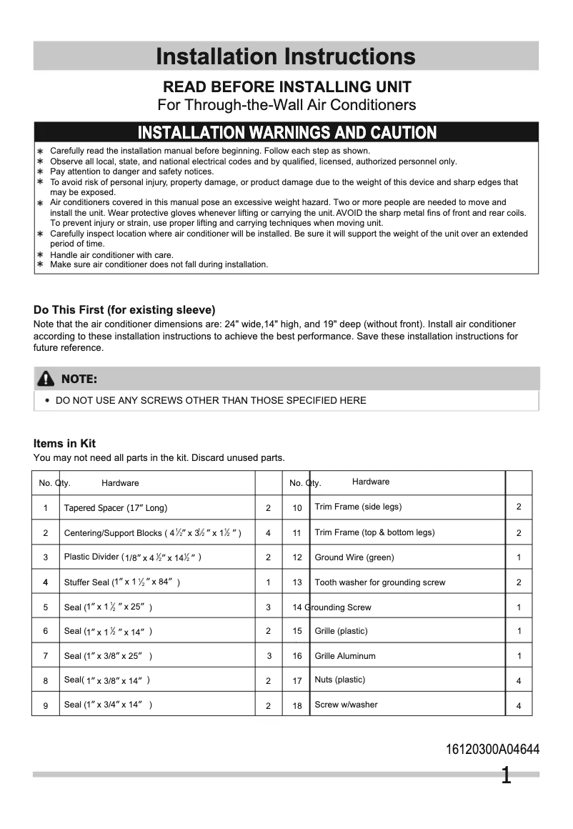 Page n°1 - Guide d'installation Frigidaire FFTA1233S1