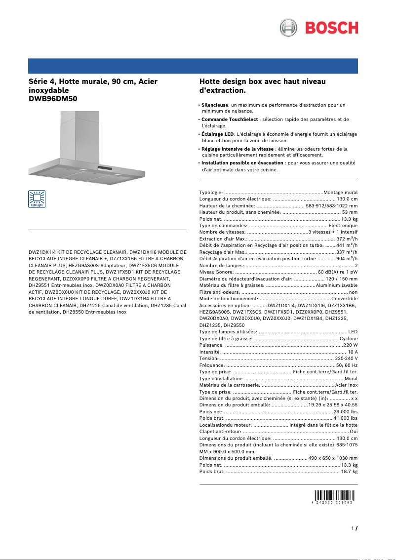 Page 1 of the manual Technical Sheet Bosch DWB96DM50