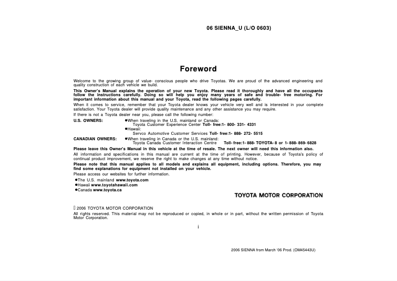 Page 1 de la notice Manuel utilisateur Toyota Sienna (2006)
