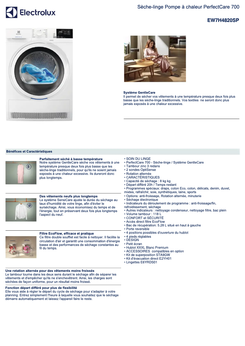 Page 1 de la notice Fiche technique Electrolux EW7H4820SP
