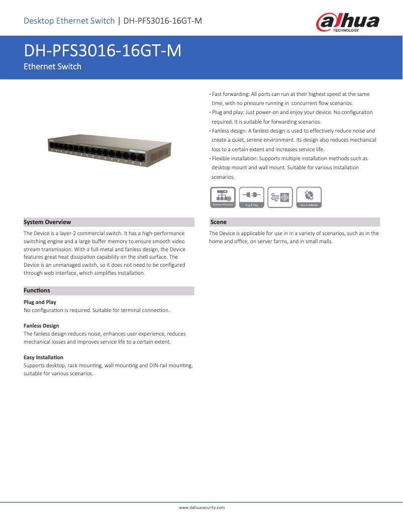 Page 1 de la notice Fiche technique Dahua Technology PFS3016-16GT-M