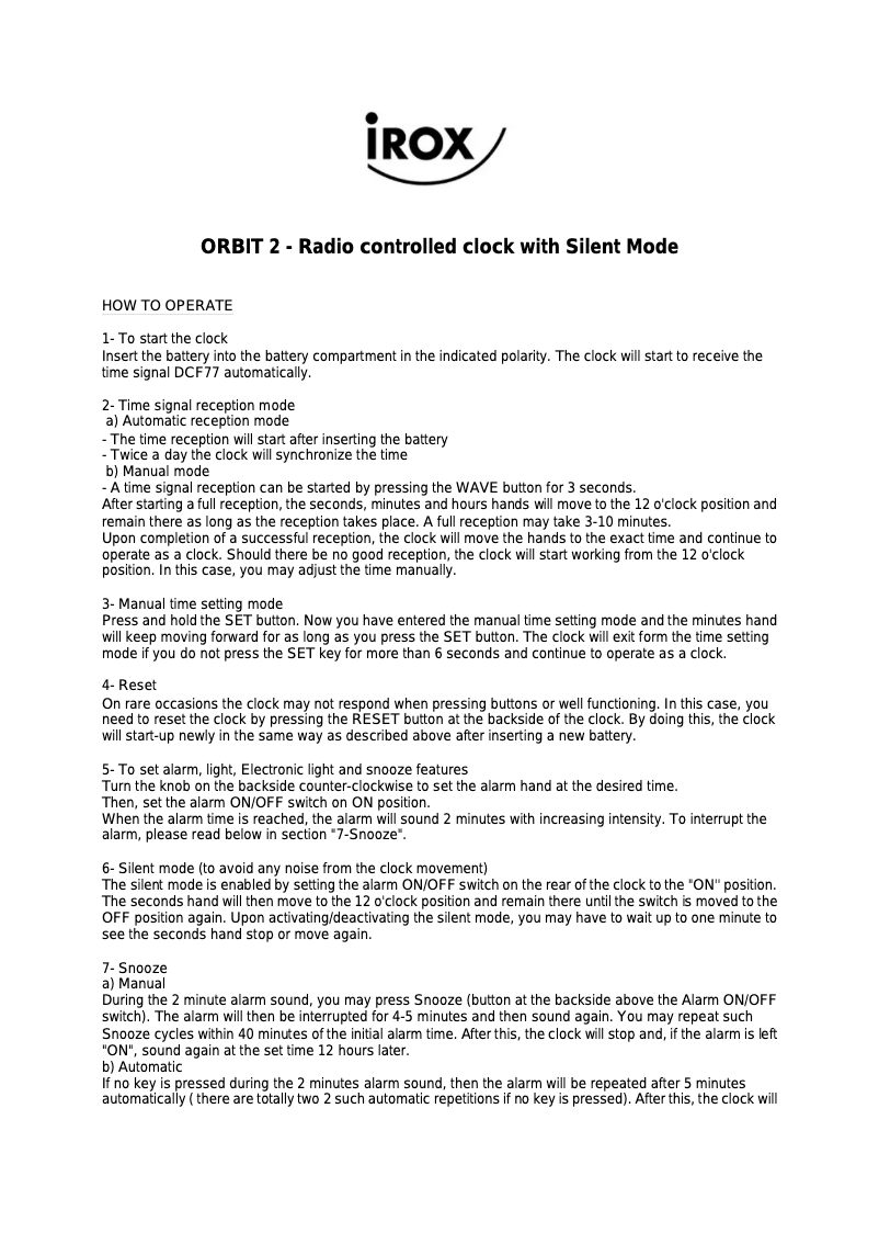 Page 1 de la notice Manuel utilisateur Irox ORBIT 2