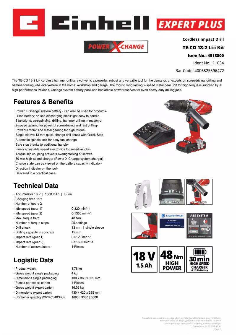 Page n°1 - Fiche technique Einhell TE-CD 18-2 Li-i Kit