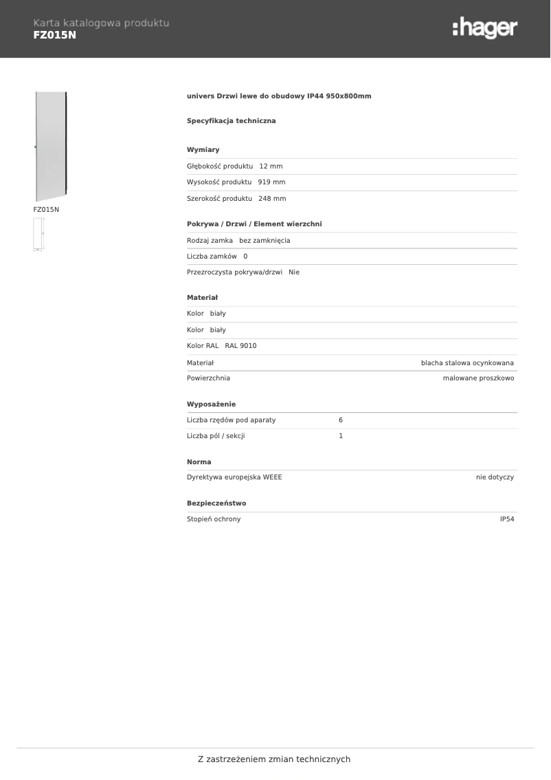 Page 1 de la notice Fiche technique Hager FZ015N