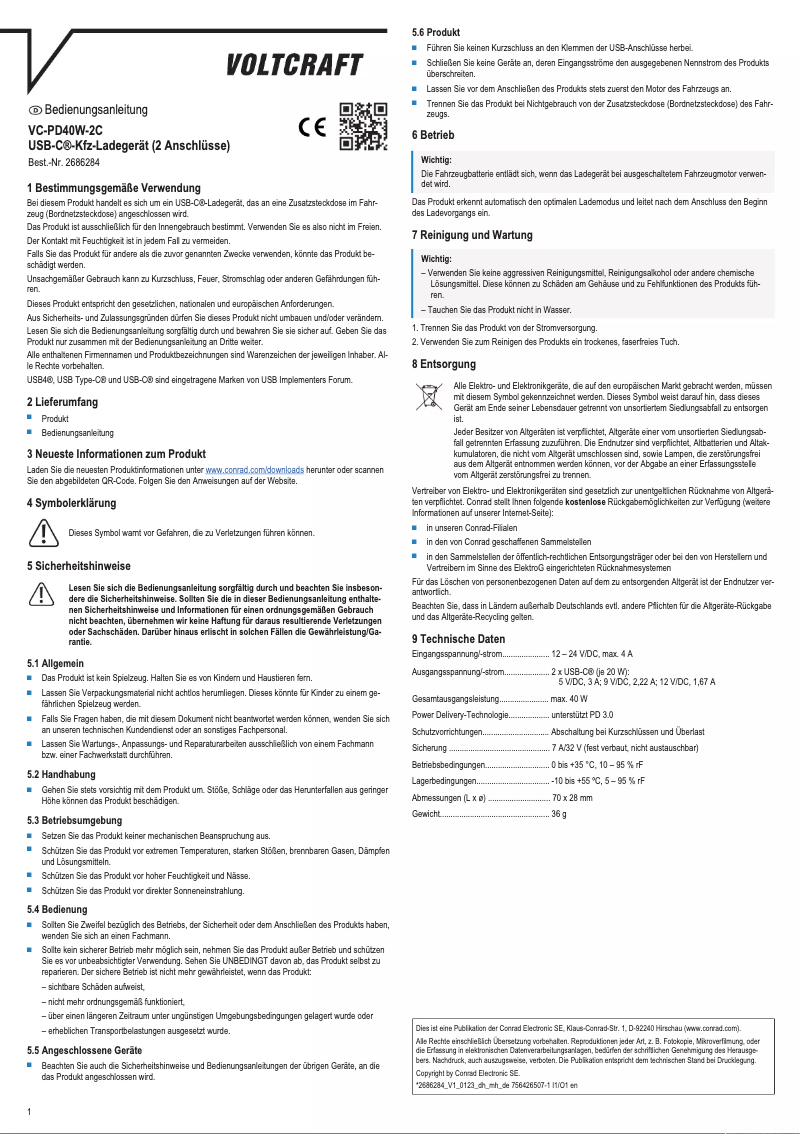 Page n°1 - Manuel utilisateur Voltcraft VC-PD40W-2C