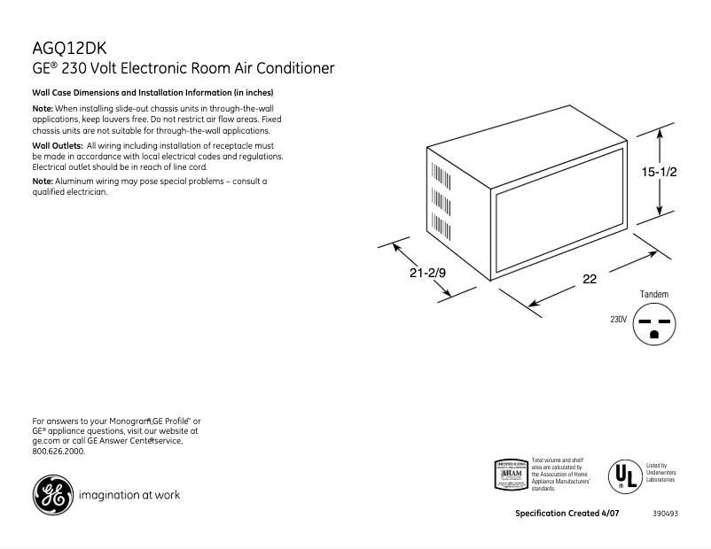 Page n°1 - Fiche technique GE AGQ12DK