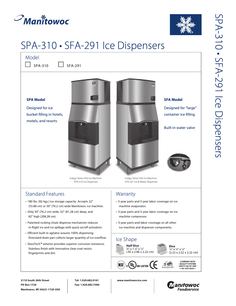 Page 1 de la notice Fiche technique Manitowoc SFA-291