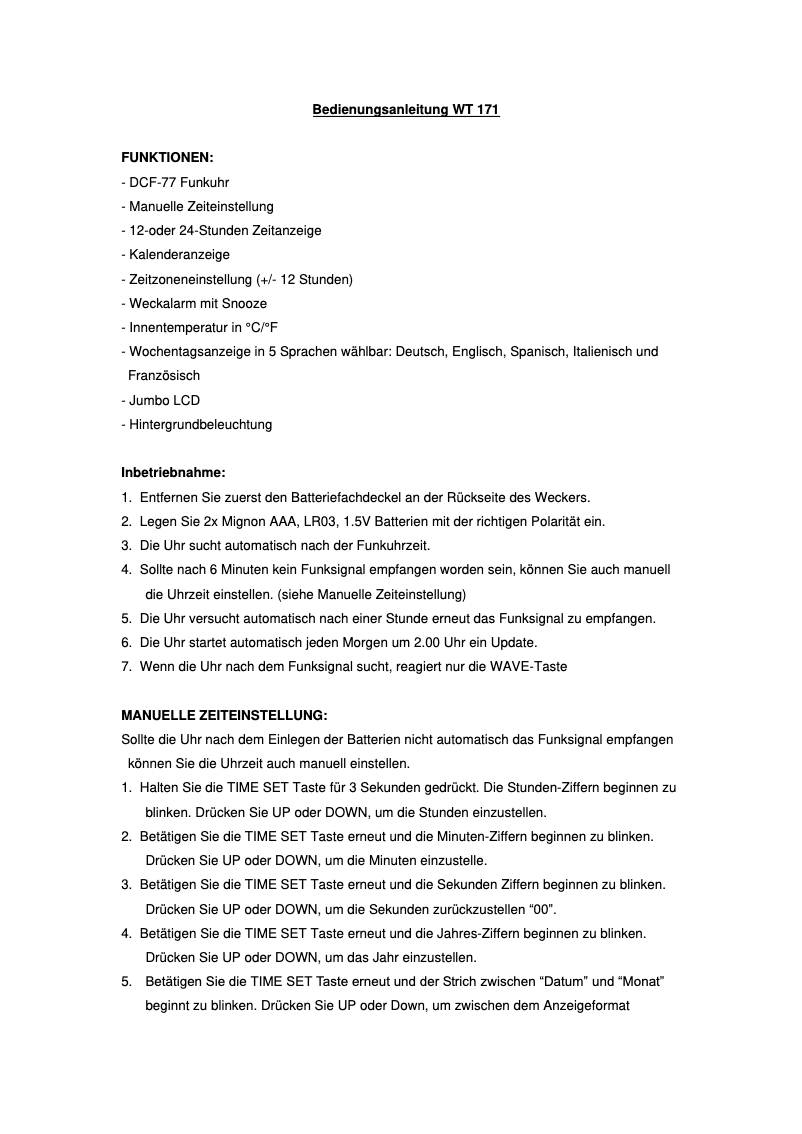 Page n°1 - Manuel utilisateur Techno Line WT 171