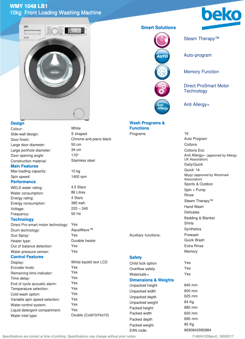 Page 1 de la notice Fiche technique Beko WMY1048LB1
