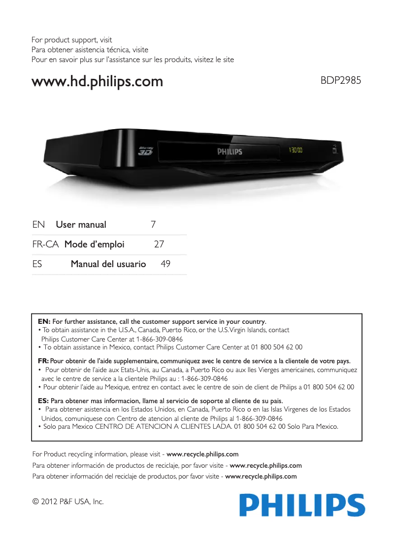 Página 1 del manual Manual de usuario Philips BDP2985