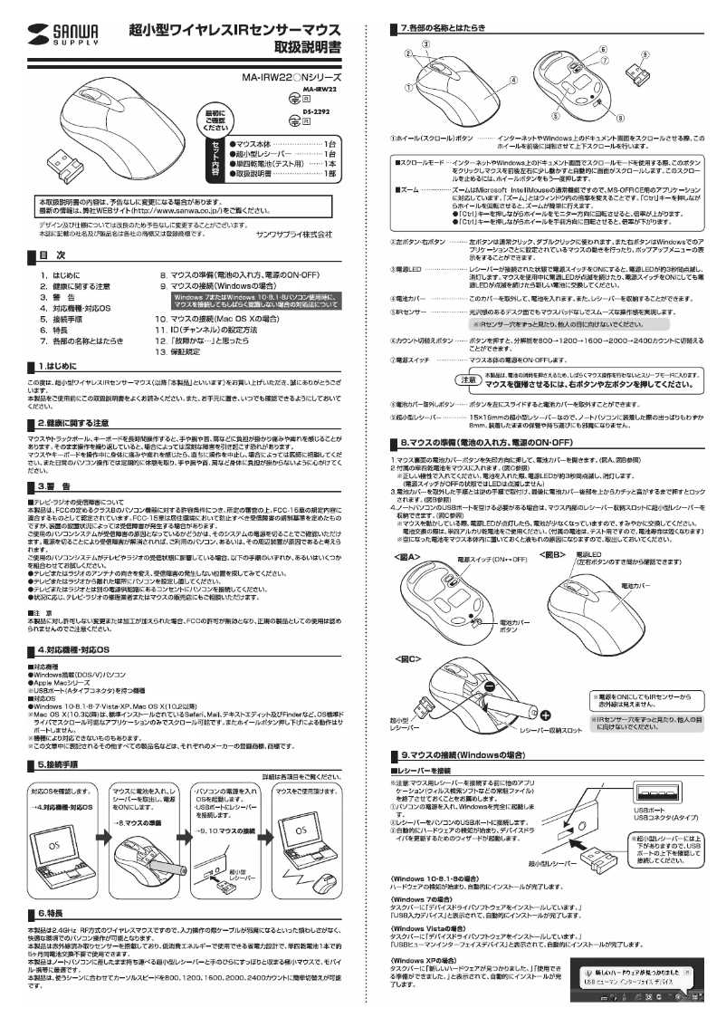 Page 1 de la notice Manuel utilisateur Sanwa MA-IRW22SN
