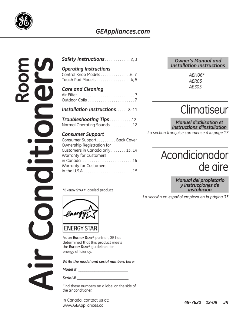 Page 1 de la notice Manuel d'utilisation et d'entretien GE AER05LN