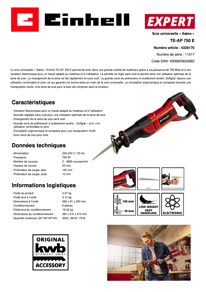 Page n°1 - Fiche technique Einhell TE-AP 750 E