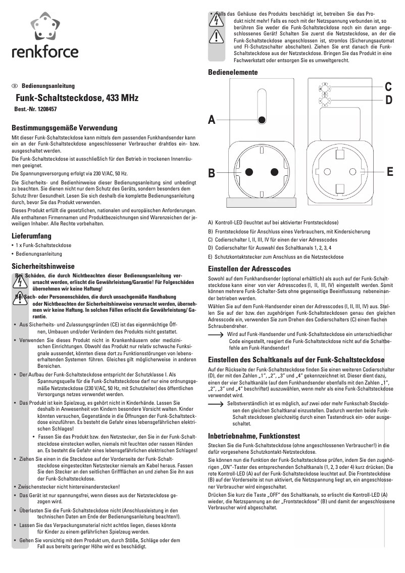 Page 1 de la notice Manuel utilisateur Renkforce 1208457
