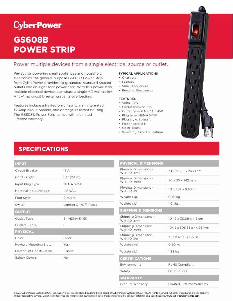 Page n°1 - Fiche technique CyberPower GS608B