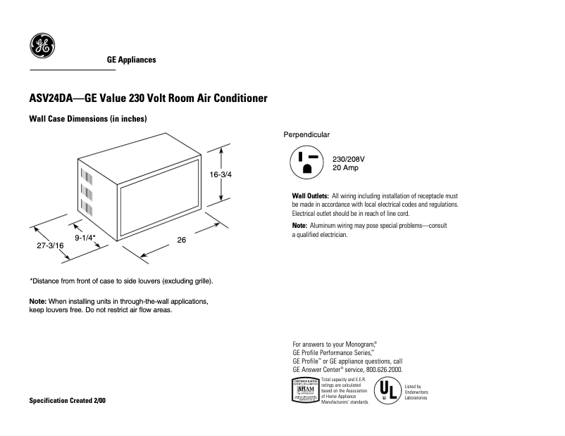 Página 1 del manual Ficha técnica GE ASV24DA