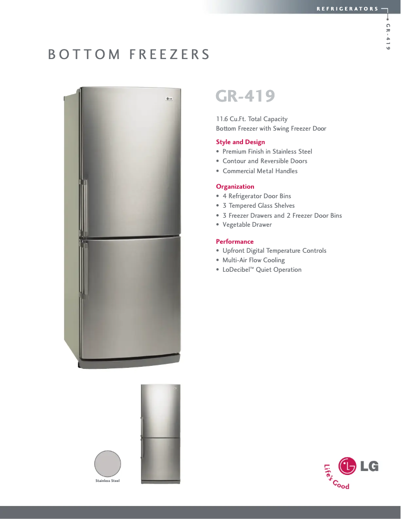 Page 1 de la notice Fiche technique LG GR-419ST